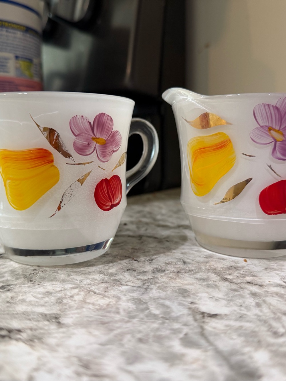 Milk Glass Creamer and Sugar Set with Yellow, Red, and Purple Floral Design